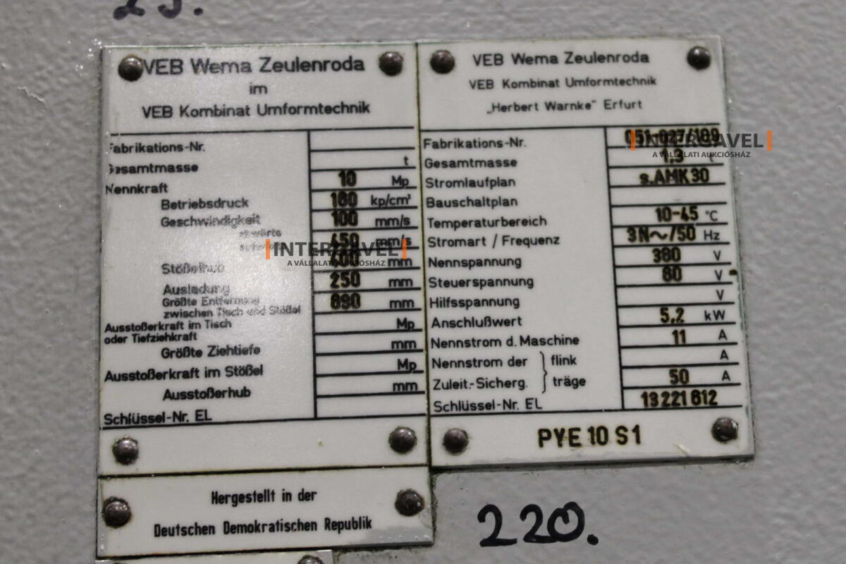 Hidraulikus prés - VEB, PYE 10 S1 2